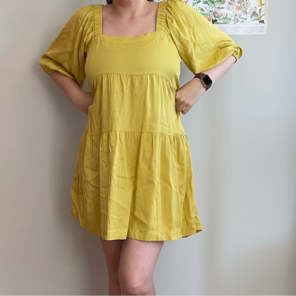 Yellow Tiered Shift Dress with Puffy Sleeves